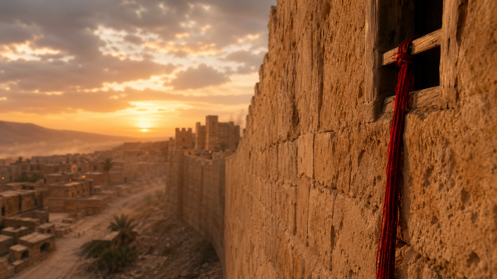 성벽 창문에 내려온 붉은 줄